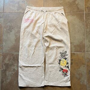 Baggy grey Ed Hardy wide leg sweatpants with drawstring, good condition
